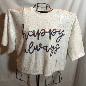 NWT Mainstray MEDIUM HAPPY ALWAYS White Sequin Crop Top 23.5" Pit to Pit